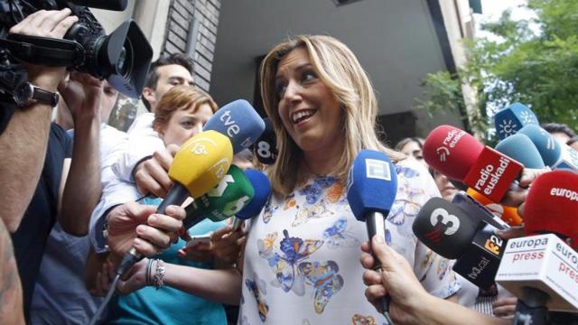 Susana Díaz, a su llegada a la sede del PSOE en la calle Ferraz.