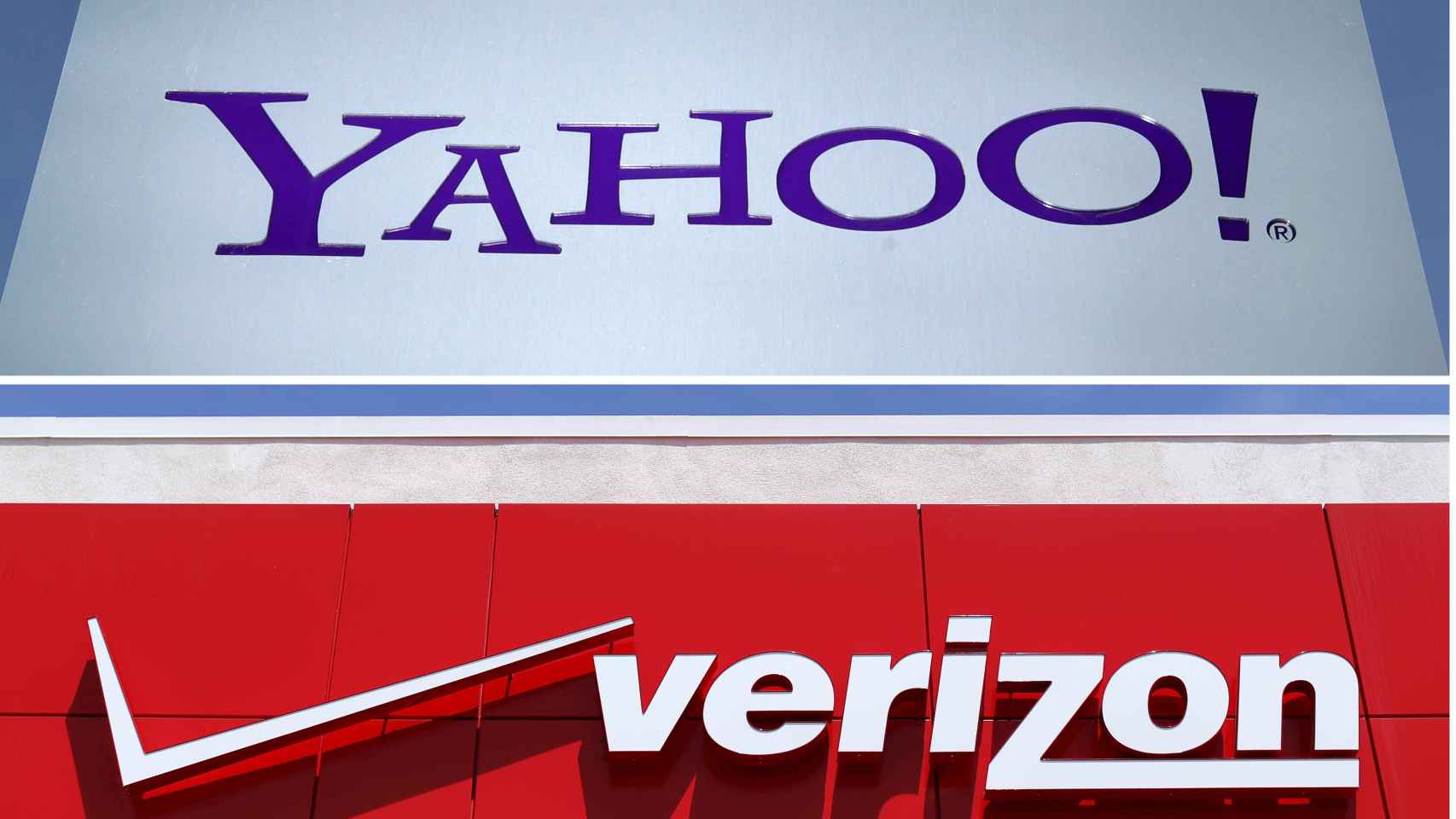 A combination photo of Yahoo logo in Rolle Switzerland and a Verizon sign in San Diego California