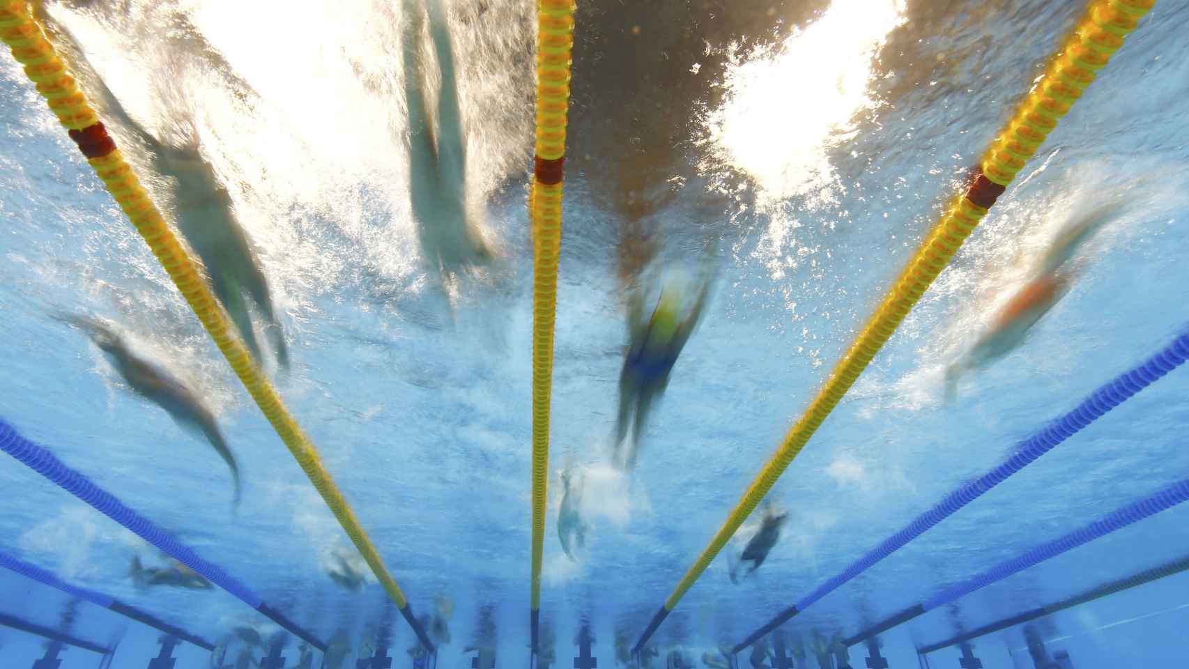 Varios nadadores entrenan en el Estadio Acuático Olímpico de Río.