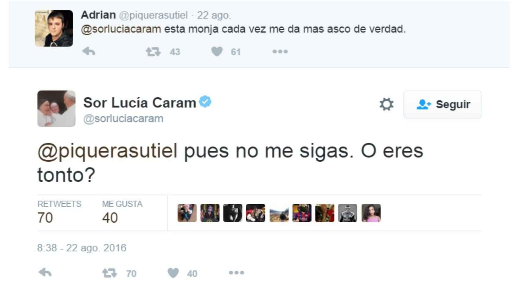 Sor Lucía Caram se enzarza con un tuitero.