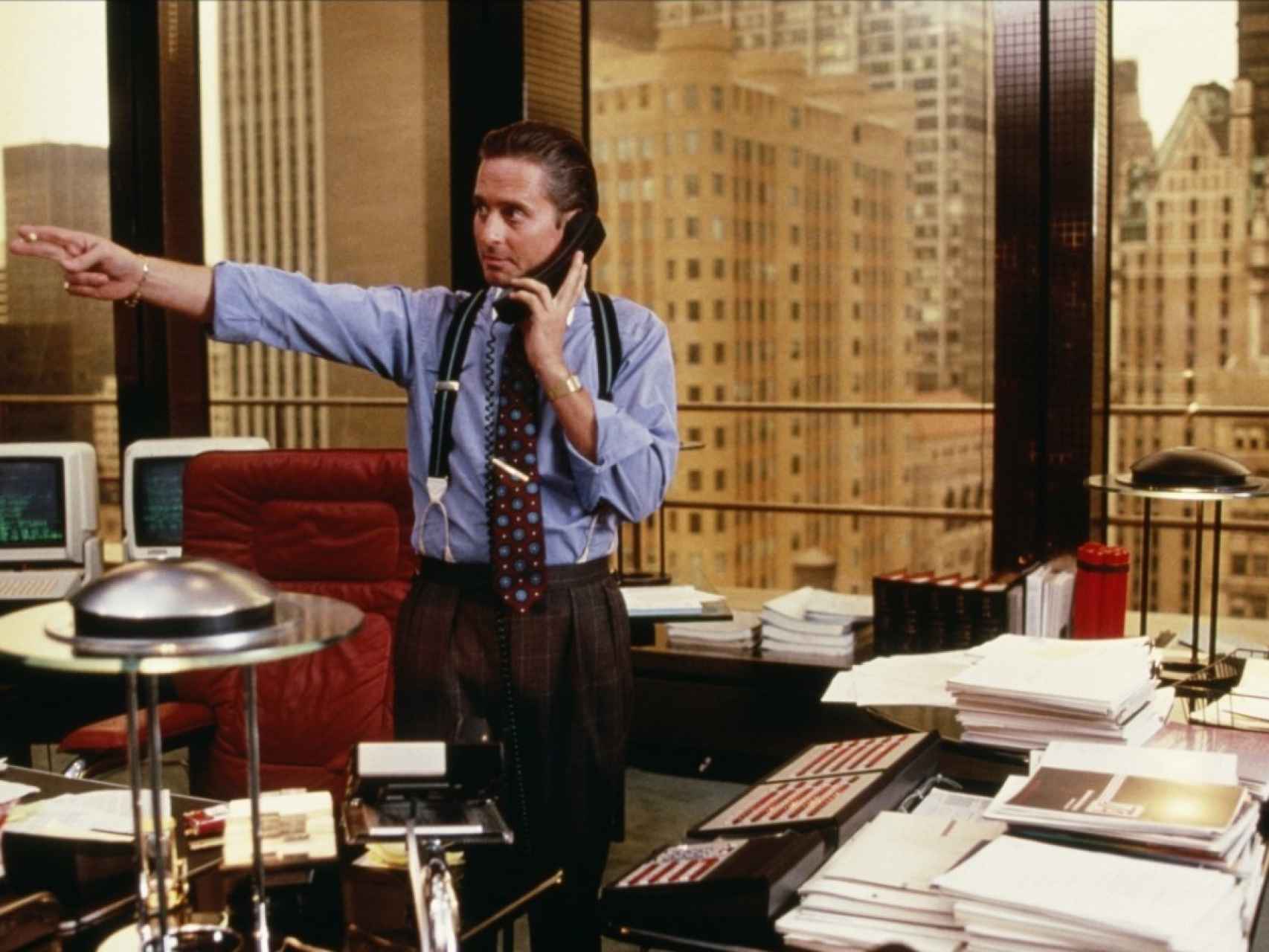 Una imagen de Wall Street, con Michael Douglas como Gordon Gekko.