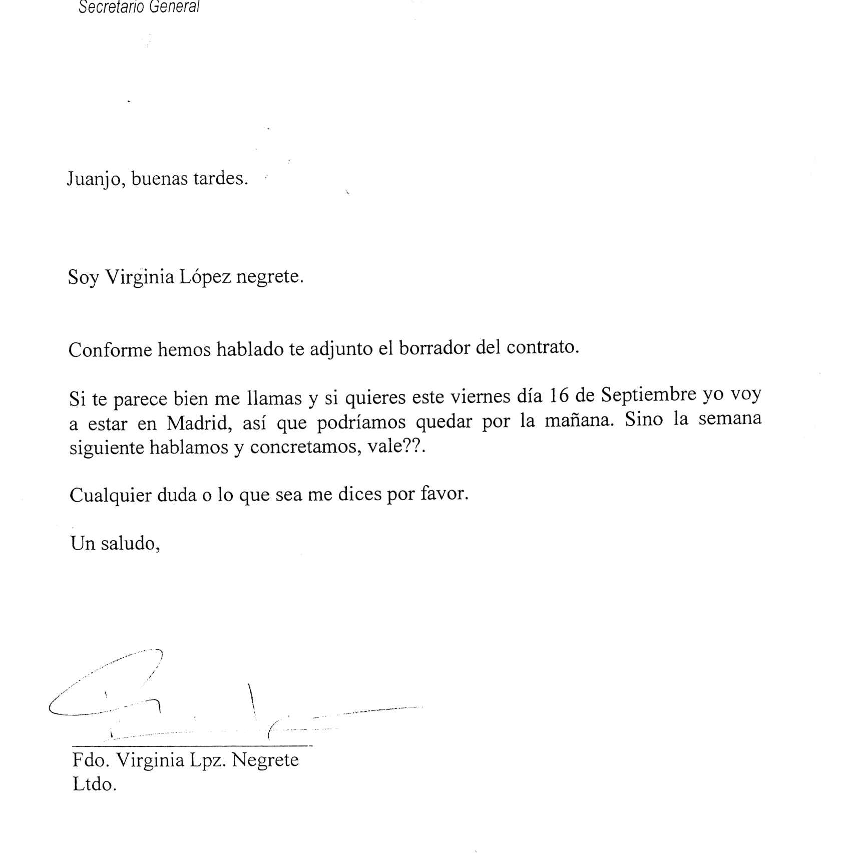Escrito enviado por Virginia López Negrete con membrete de Manos Limpias.