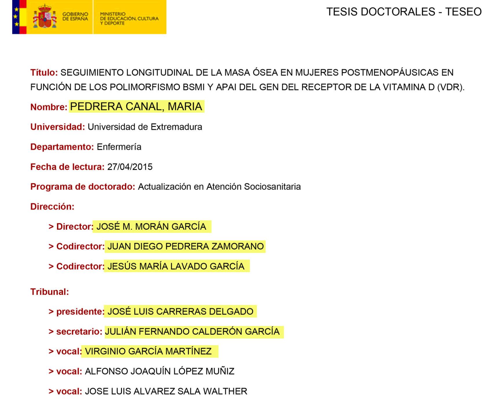 Tribunal de tesis de María Pedrera Canal, hija del asesor del rector de la Universidad de Extremadura