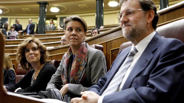 Mariano Rajoy, María Dolores de Cospedal y Soraya Saénz de Santamaría en el Congreso.