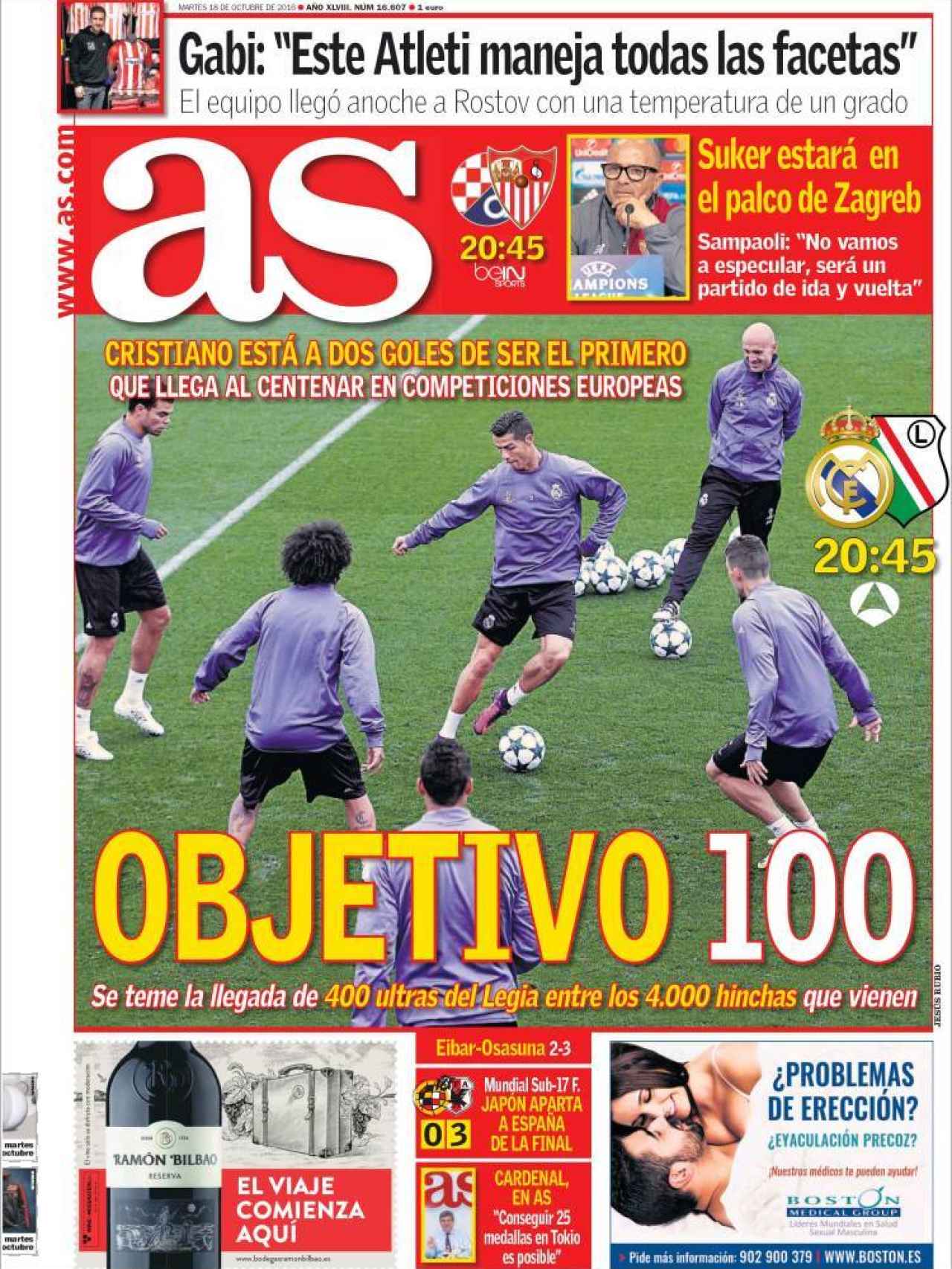 El Diario AS destaca el centenar de goles en Champions que tiene a tiro Cristiano ante el Legia.