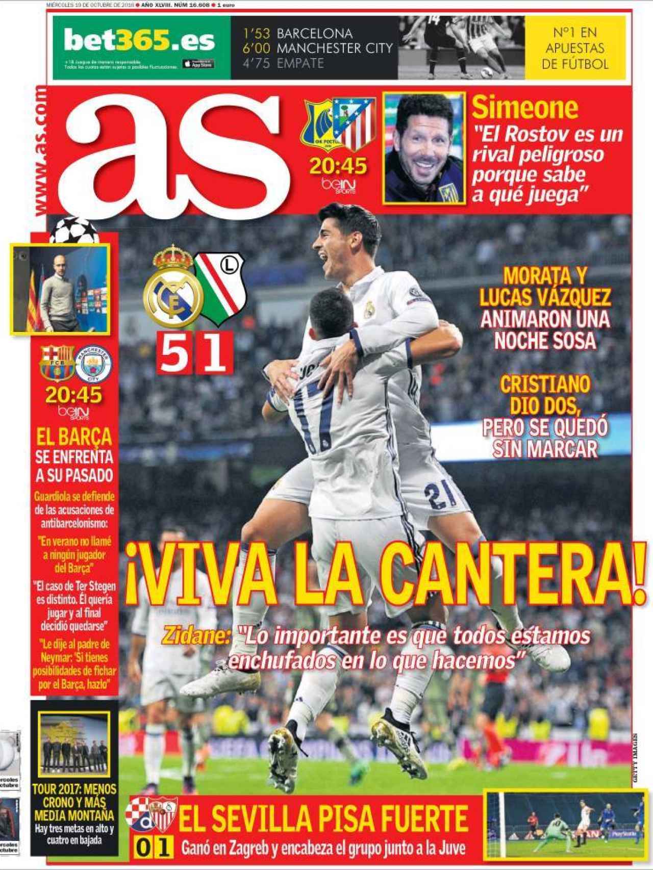 El Diario AS abre con la exhibición de los jóvenes del Real Madrid ante el Legia.