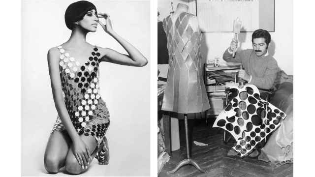 De izquierda a derecha: el famoso vestido metalizado y Paco Rabanne creando una de sus piezas.