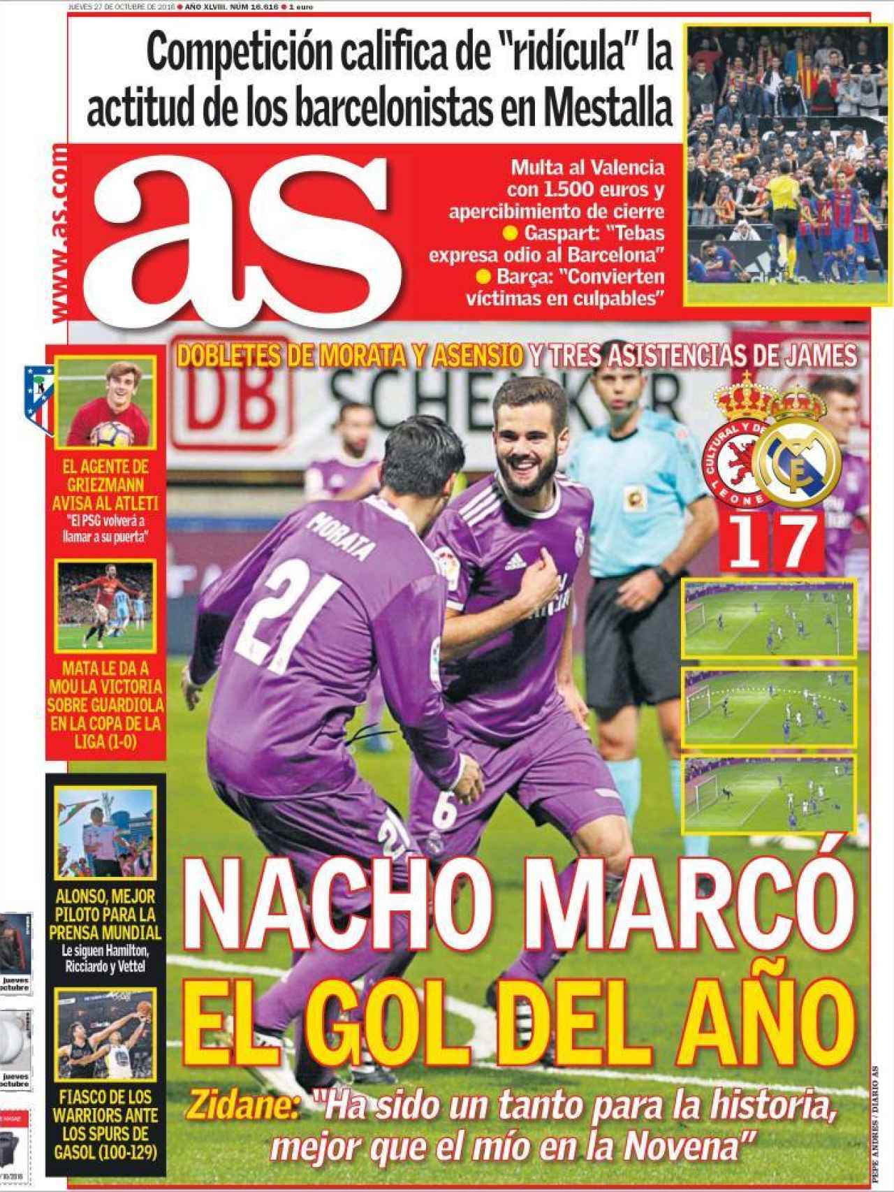 AS abre con la goleada del Madrid y resalta el golazo de Nacho en León.
