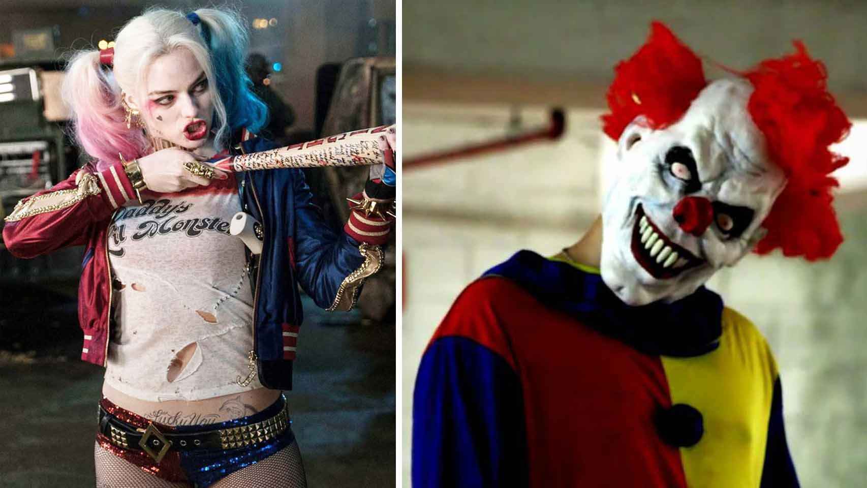 A la izq. la actriz Margot Robbie en el papel de Harley Quinn en la película Escuadrón Suicida y a la dcha. ejemplo de disfraz de payaso asesino.