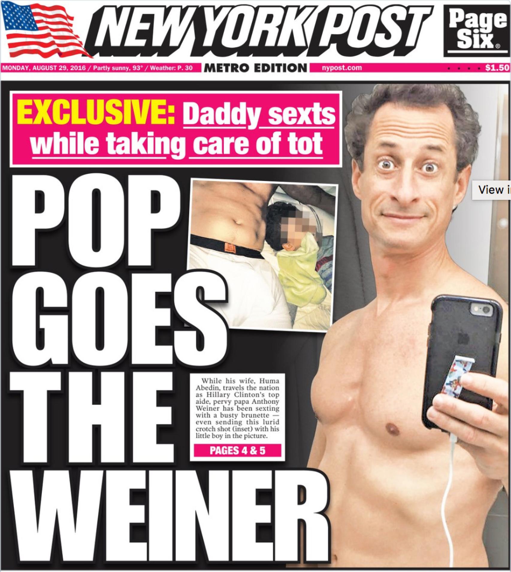 Portada de el New York Post amb imatges que presumptament Weiner va enviar a una dona amb la qual intercanviava missatges.