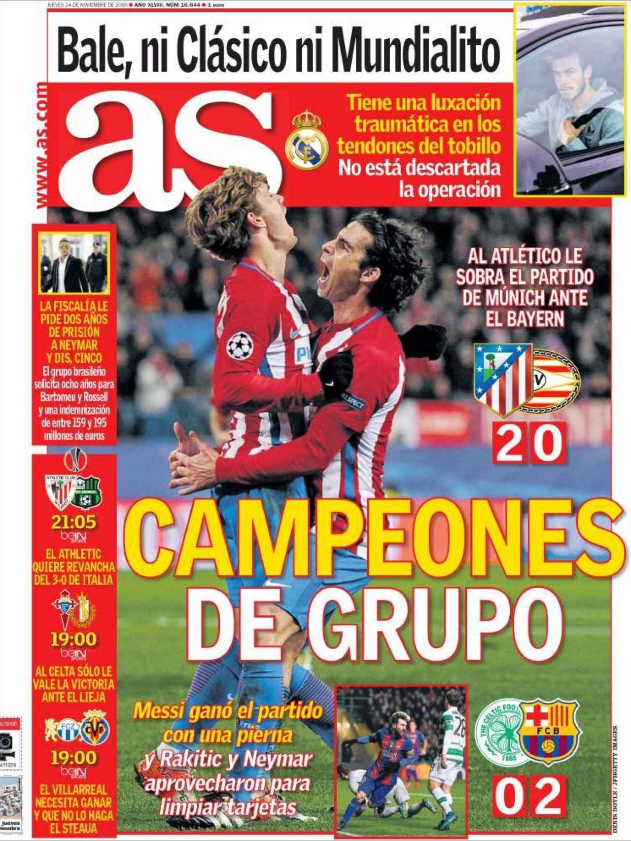 AS destaca la victoria del Atlético, que les hace matemáticamente campeones de su grupo en Champions.