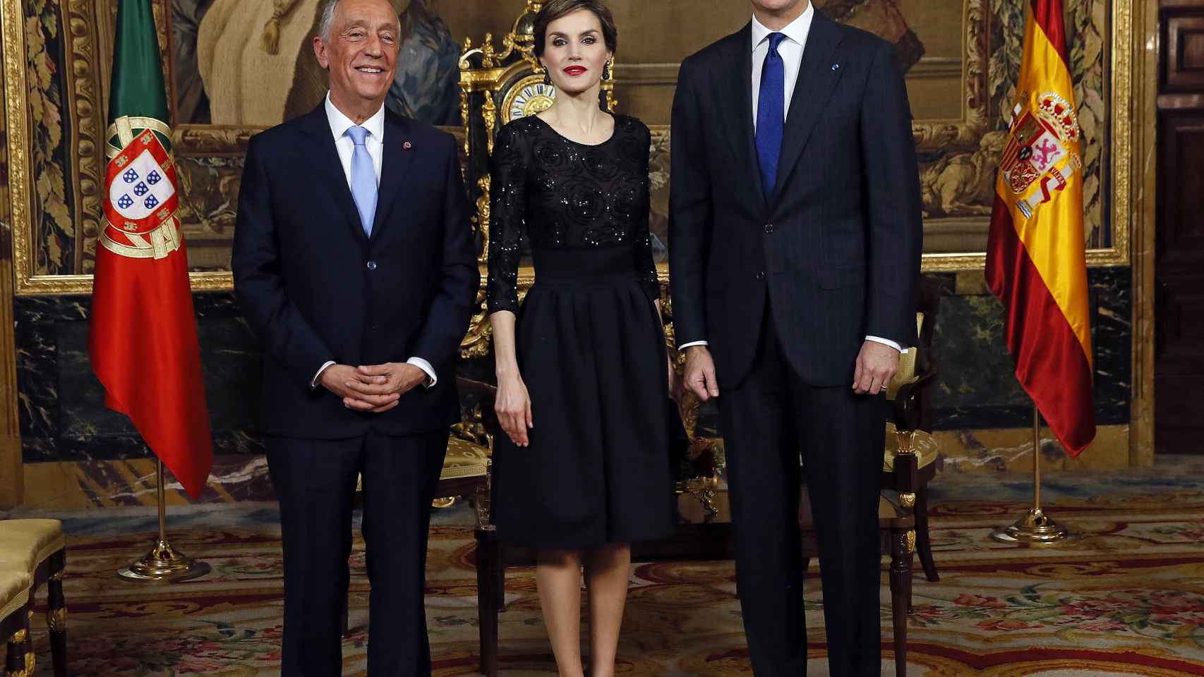 Felipe VI y la reina Letizia con el presidente de Portugal, Marcelo Rebelo de Sousa con motivo de su primera visita oficial a España el pasado mes de marzo