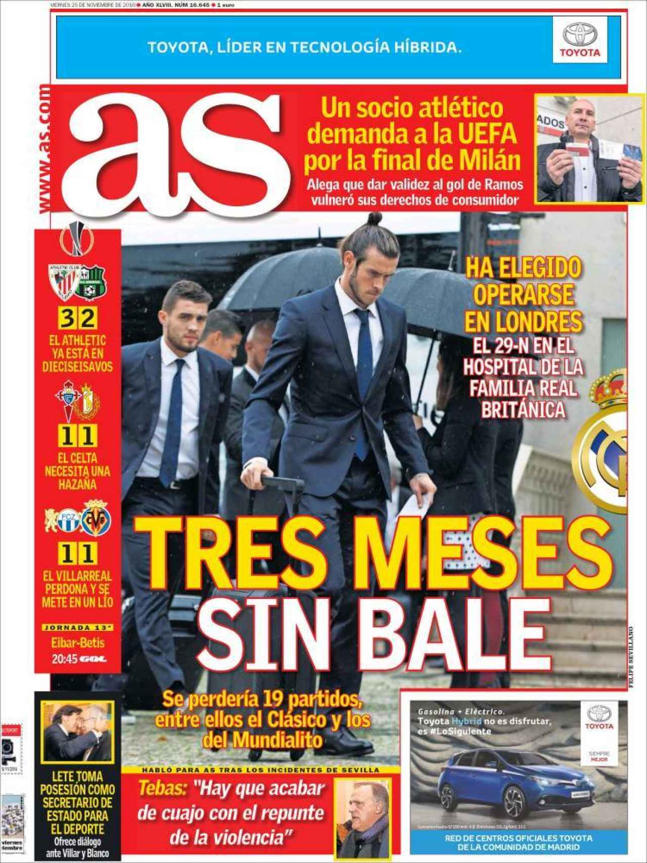 AS abre con la lesión de Bale para los próximos tres meses.
