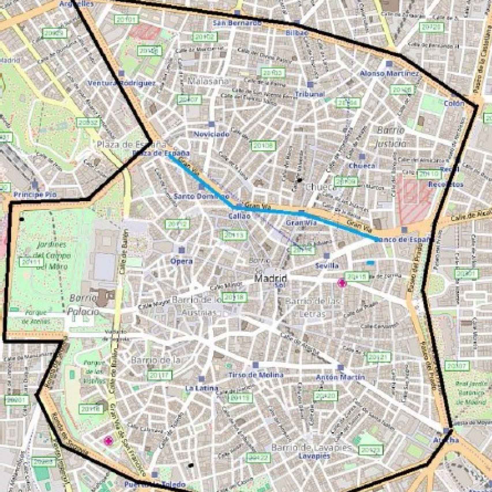 Plano de los cortes en el centro de Madrid.