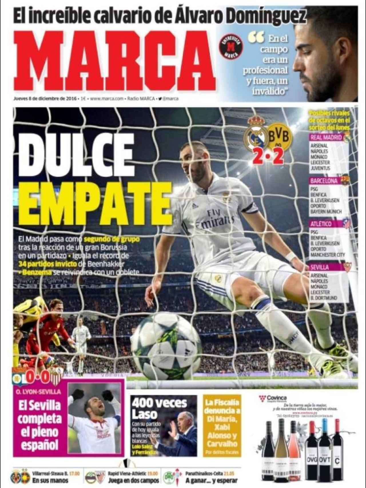 MARCA califica de dulce el empate del Real Madrid en Champions en su tapa de hoy.