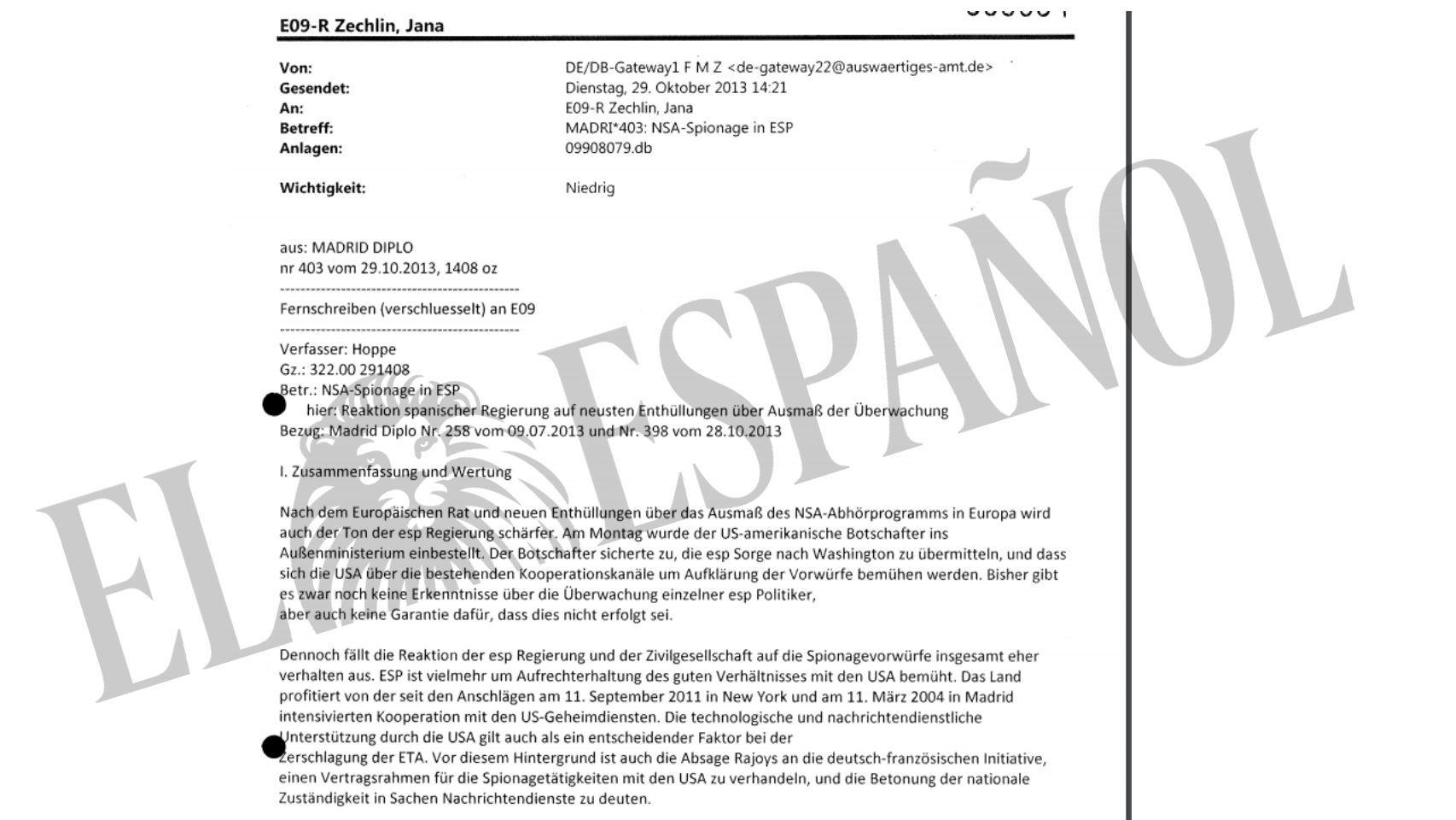 Comunicación del servicio secreto alemán con el encabezamiento Espionaje de la NSA en España.