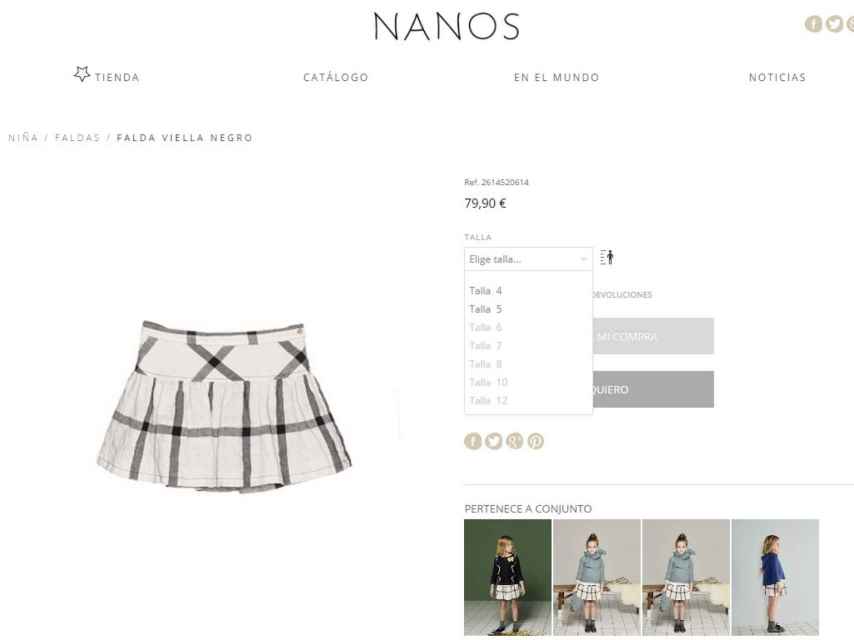 Imagen de la falda y su disponibilidad en la página web.