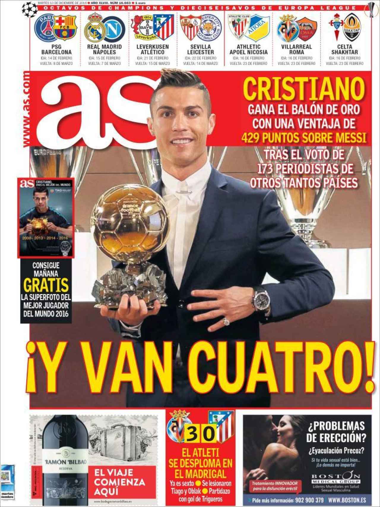AS destaca el Balón de Oro conseguido por Cristiano, con más de 400 puntos de ventaja sobre Messi.
