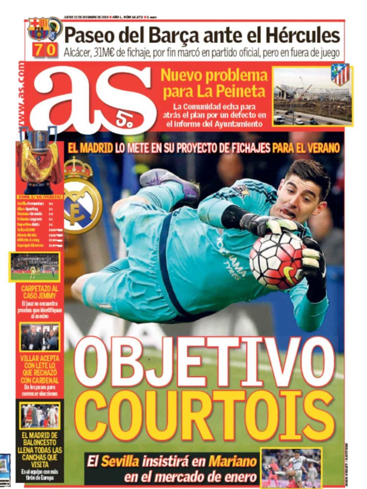 AS abre con el supuesto interés del Real Madrid en fichar a Courtois a partir de junio.
