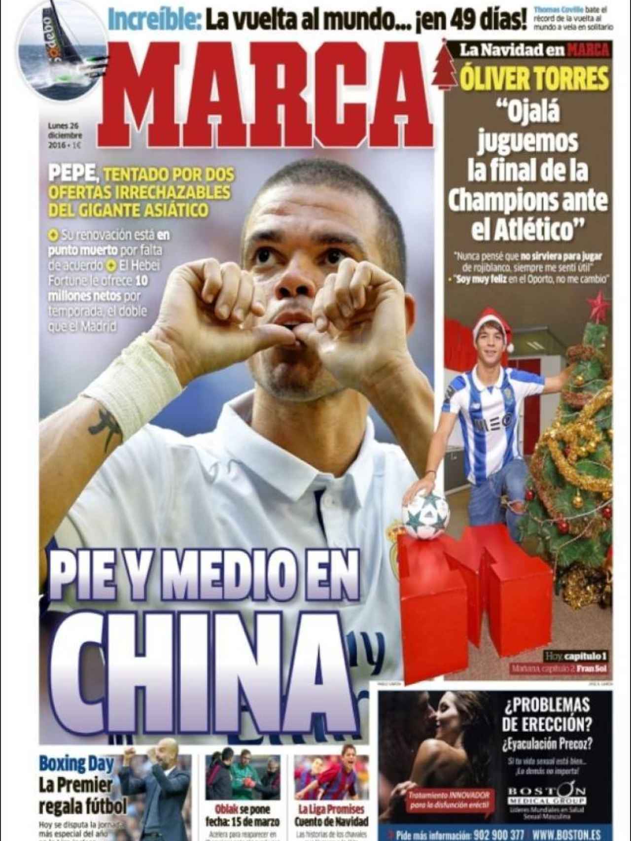 Ofertón del fútbol chino a Pepe, que acaba contrato en junio de 2017 con el Real Madrid. Así abre MARCA.