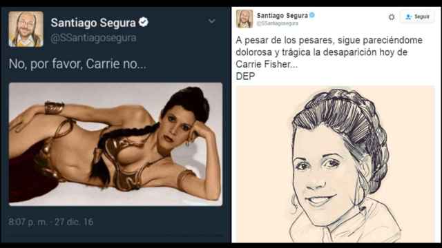 Dos tuits de Santiago Segura para recordar a Carrie Fisher.