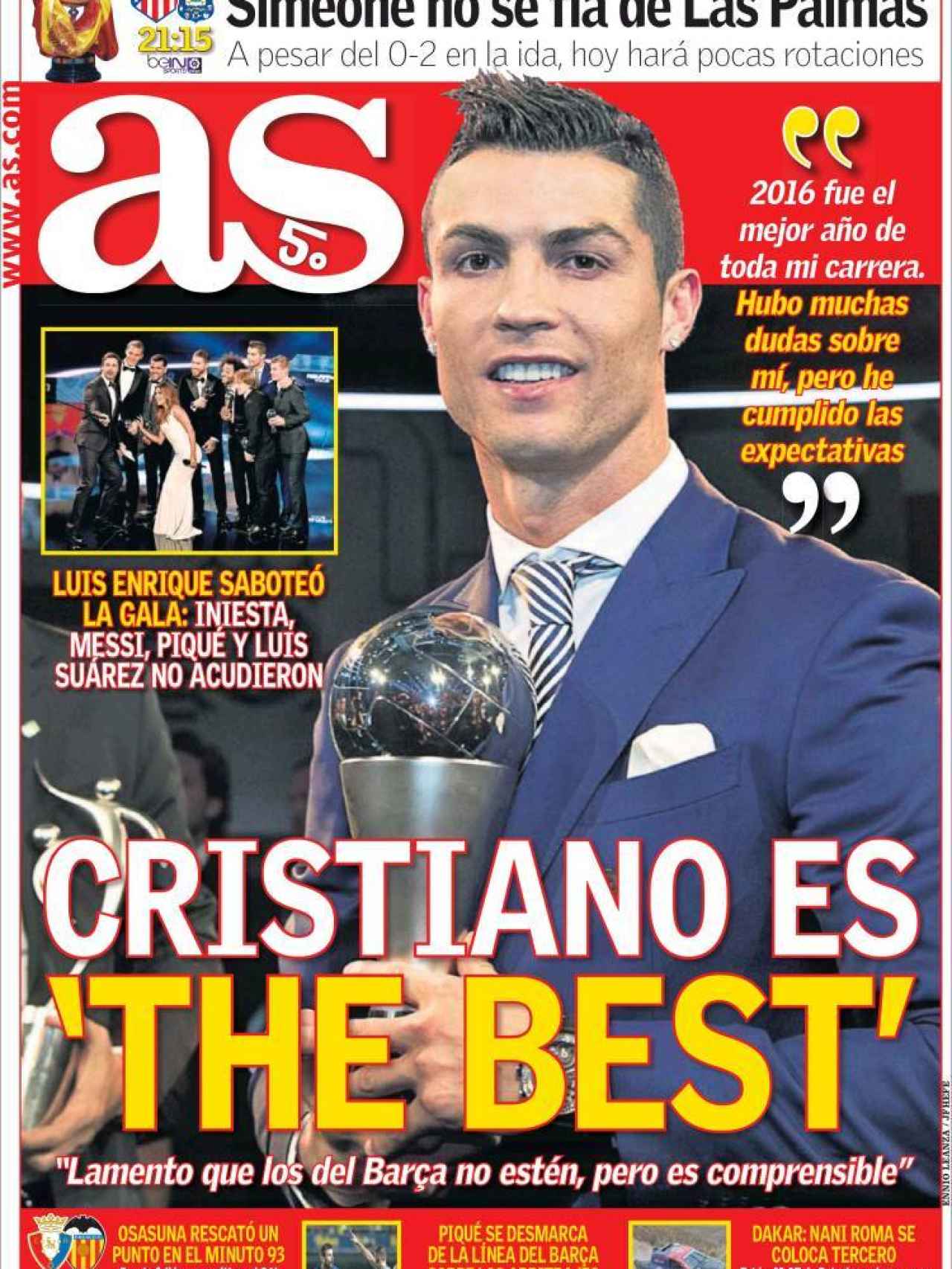 AS destaca el premio The Best que recibió Cristiano Ronaldo este lunes.