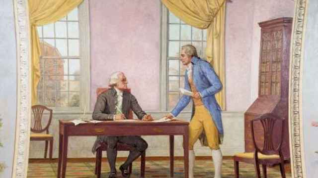 Washington y Hamilton trabajando en el discurso.