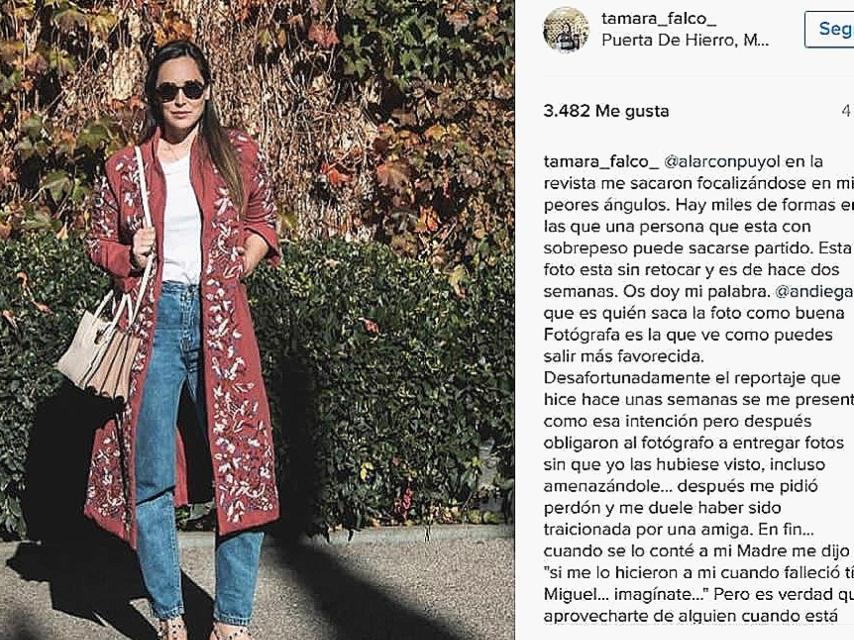 Tamara explicando su enfado en sus redes sociales