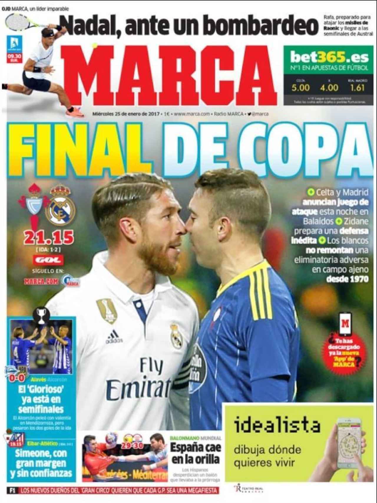 La vuelta de los cuartos de final coperos entre Madrid y Celta copa la portada de MARCA.