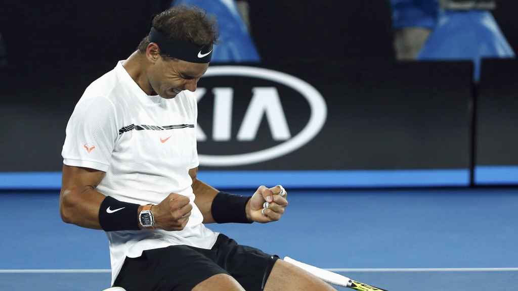 Rafa Nadal celebra su victoria ante Milos Raonic.