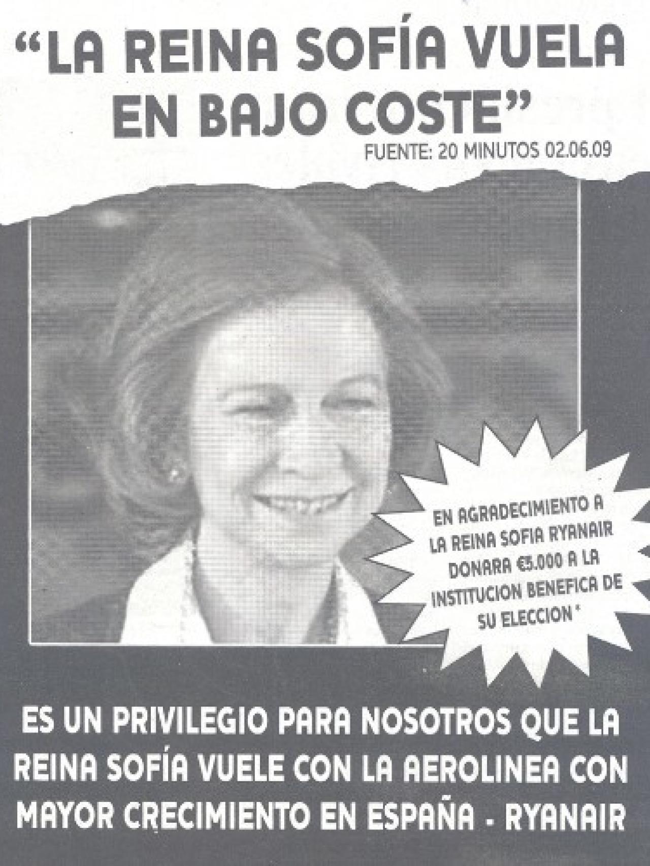 Anuncio de Ryanair que utilizó la imagen de la reina Sofía.