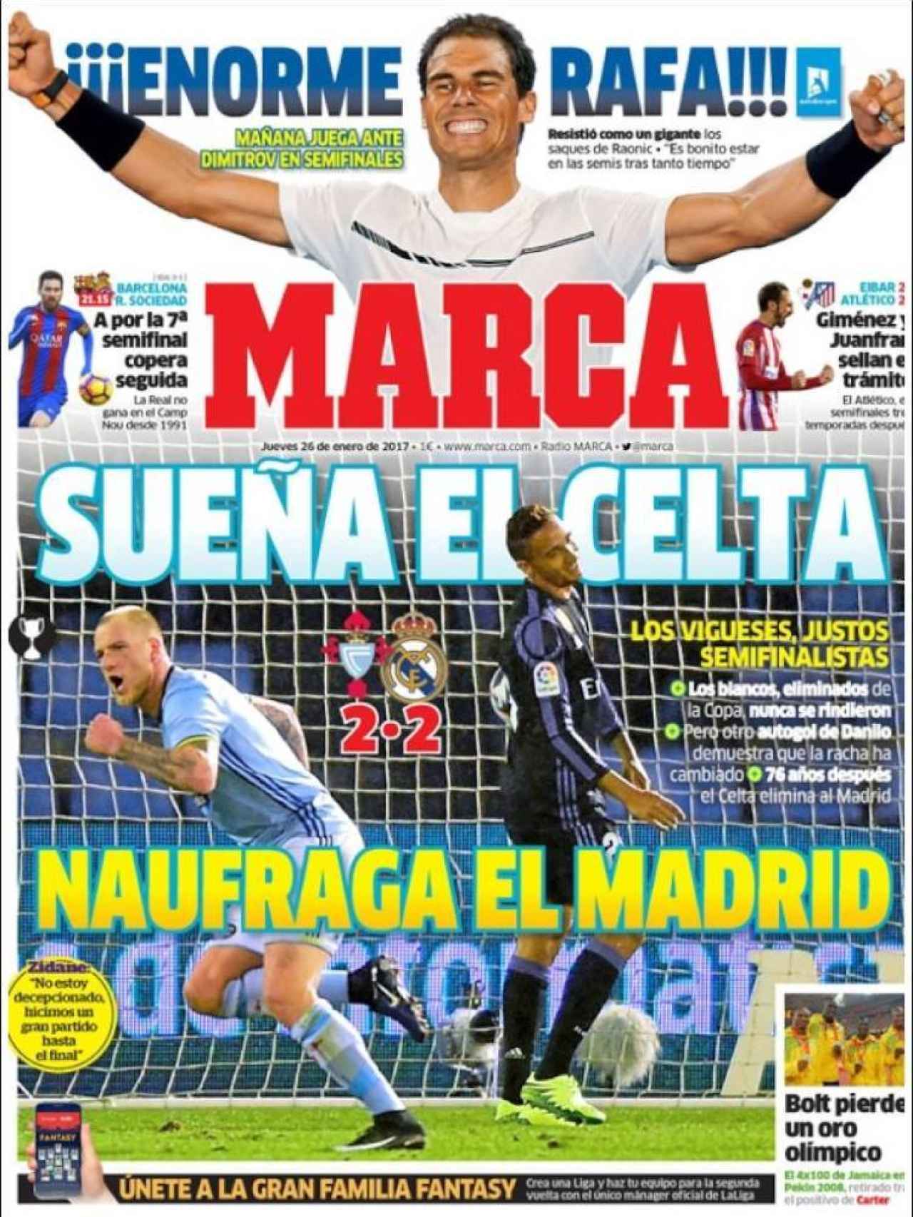 La eliminación copera del Madrid y Nadal destacan en la portada de MARCA.