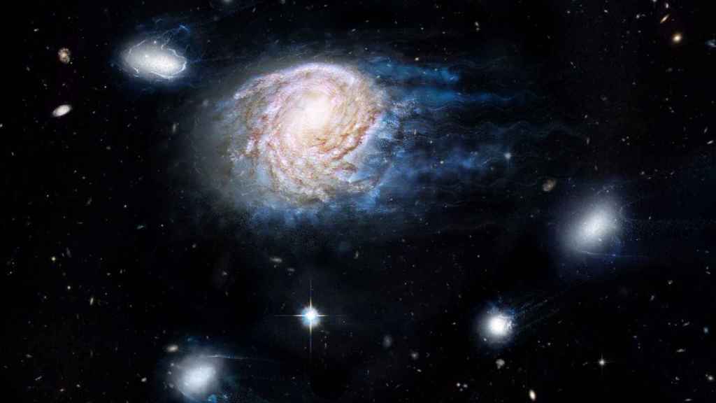 Recreación artística del mecanismo de Ram-pressure stripping en la galaxia NGC4921