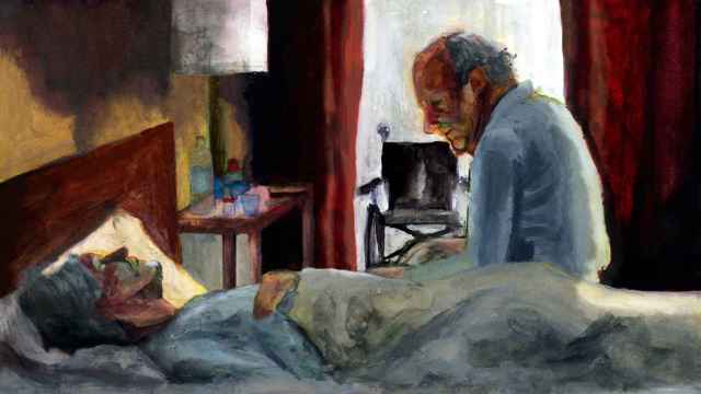 Recreación de un anciano cuidando de su esposa enferma de alzhéimer a partir de un fotograma de la película 'Amour', de Michael Haneke.