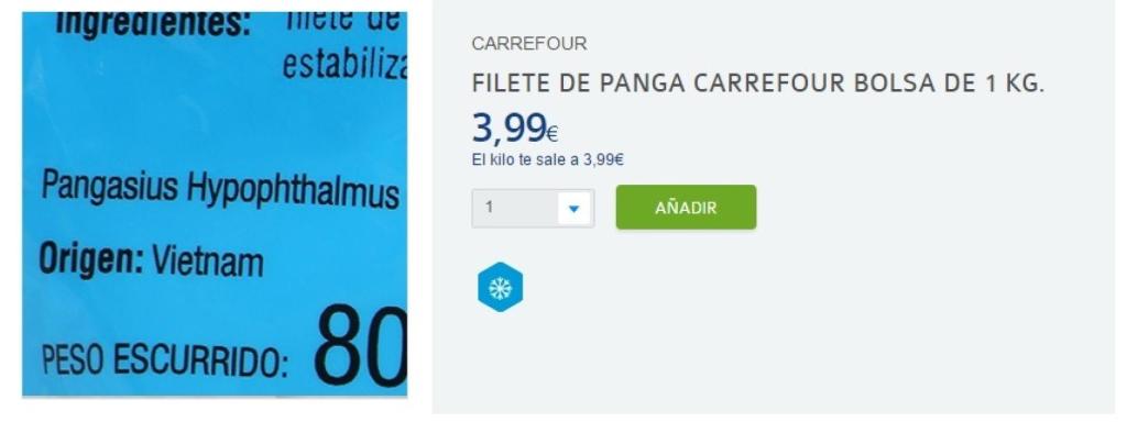 Anuncio de panga, origen Vietnam, en Carrefour.