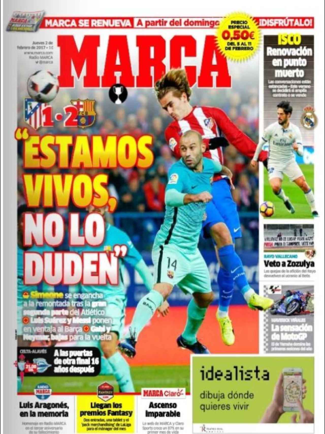 MARCA destaca que el Atleti aún puede darle la vuelta a la semifinal copera contra el Barça y que la renovación de Isco con el Madrid está en punto muerto.