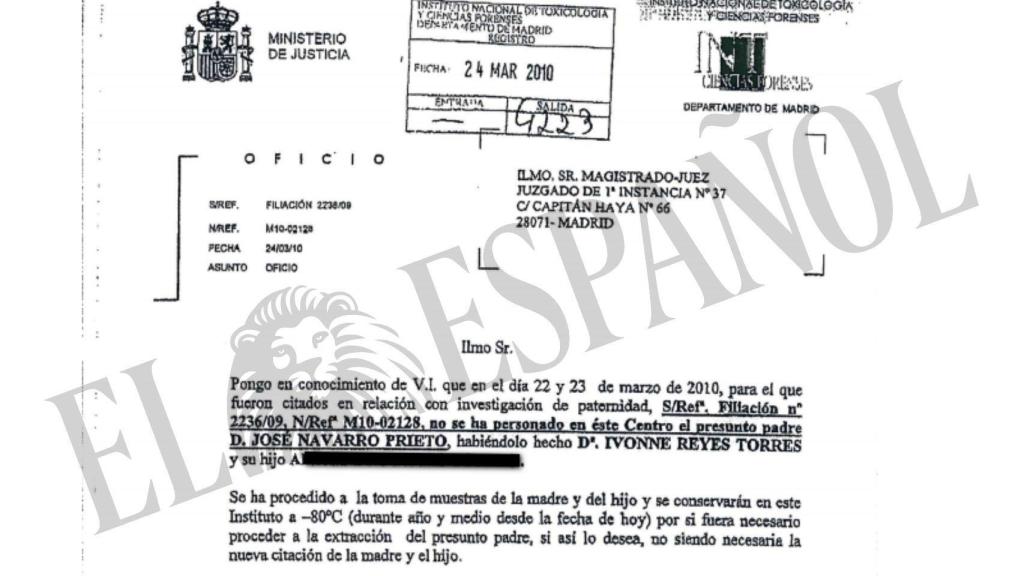 Comunicación donde el Instituto Toxicológico alerta sobre la incomparecencia de Navarro.
