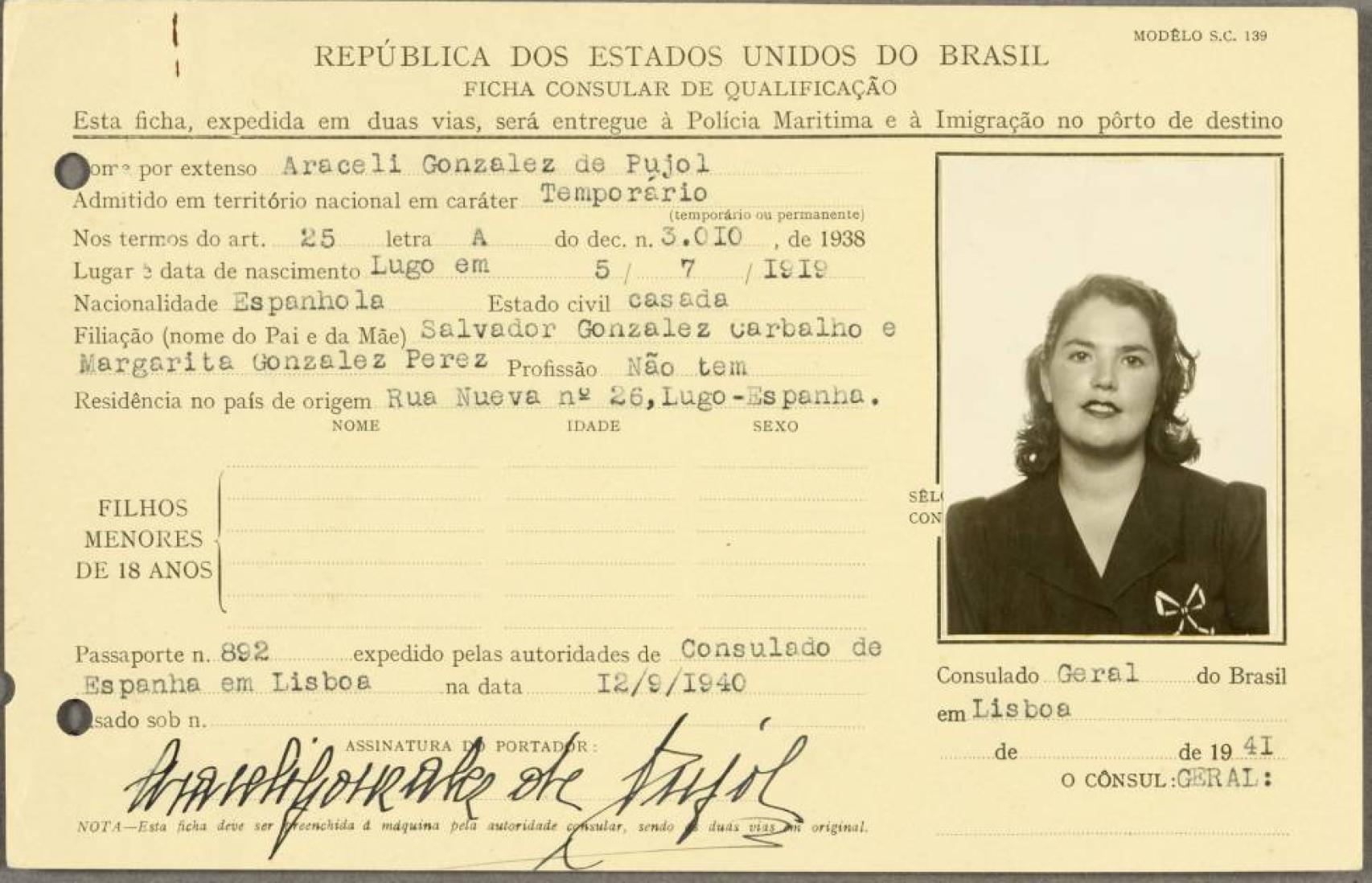 Ficha de identificación de Araceli González, desclasificada por los servicios secretos británicos.