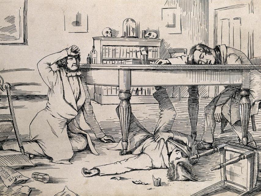 Dibujo de la época que ilustraba los efectos del cloroformo.