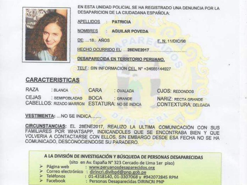 La alerta de búsqueda de la policía peruana sobre Patricia Aguilar.