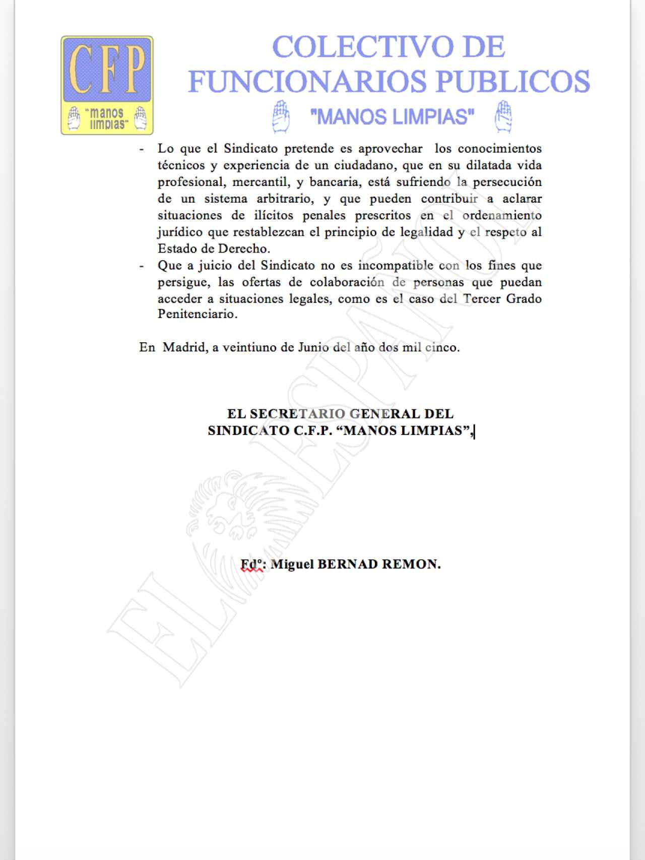 Escrito firmado por Miguel Bernad con una oferta a Mario Conde