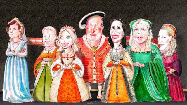 Ilustración con las principales mujeres que han marcado la vida de Juan Carlos I. De ziquierda a derecha: la reina Sofía, Gabriela de Saboya, Corinna zu Sayn-Wittgenstein, Marta Gayà, Bárbara Rey y Olghina de Robilant.