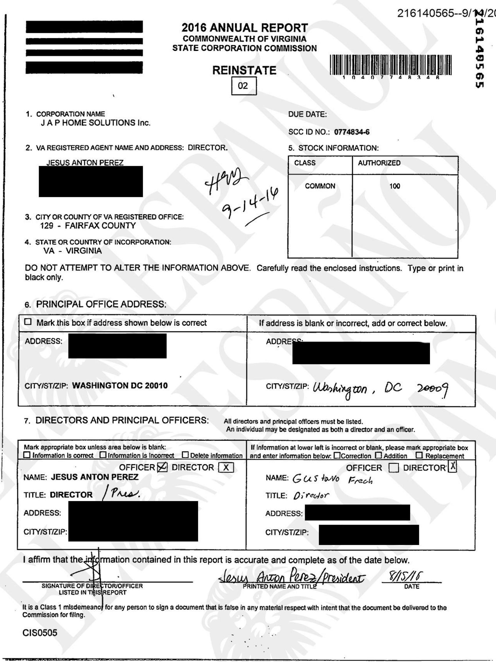 Reporte anual del año 2016 de JAP Home Solutions depositado en el Estado de Virginia, donde Gustavo Frech figura como director de la empresa, junto a Jesus Anton.