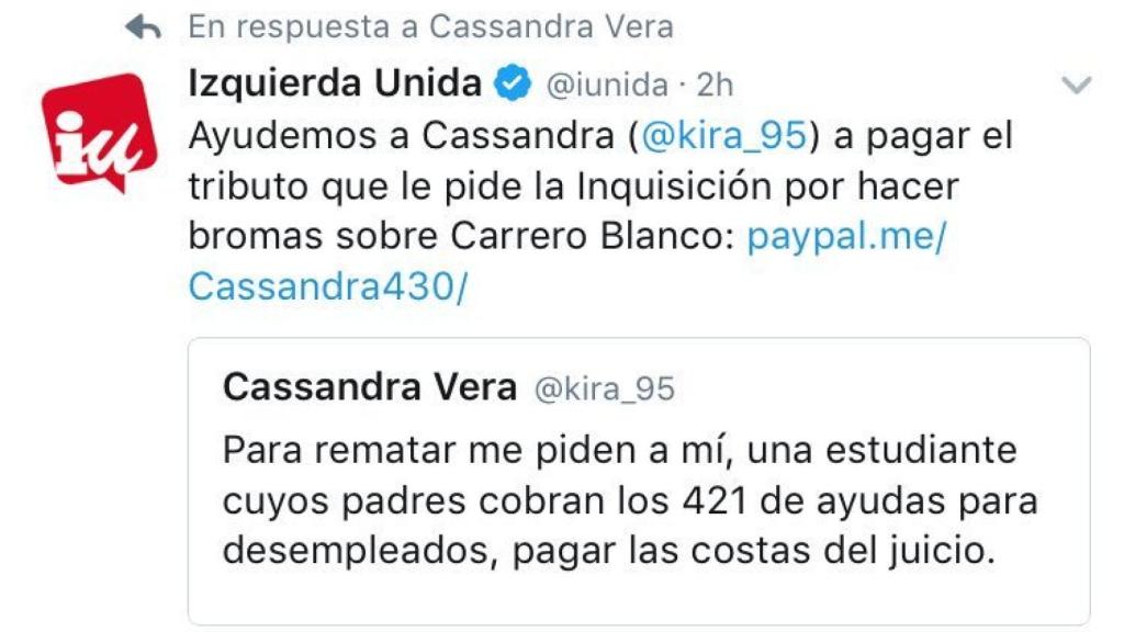 El tuit original en el que Cassandra afirmaba que debía correr con las costas.