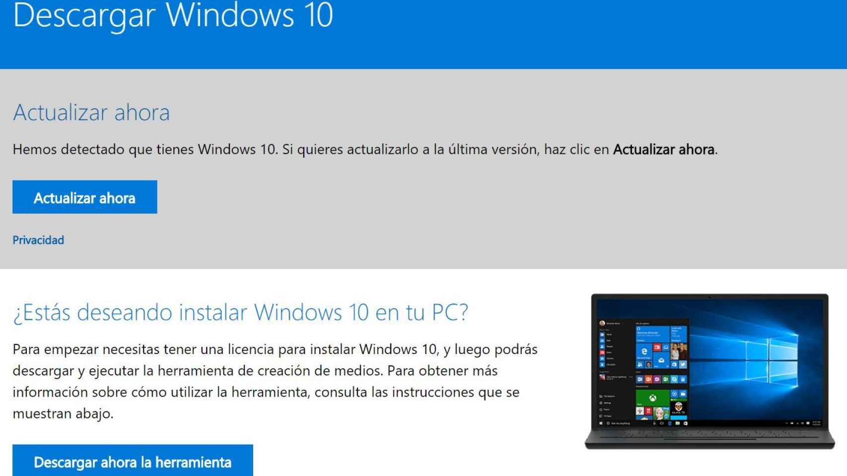 Página de Microsoft para instalar Windows 10