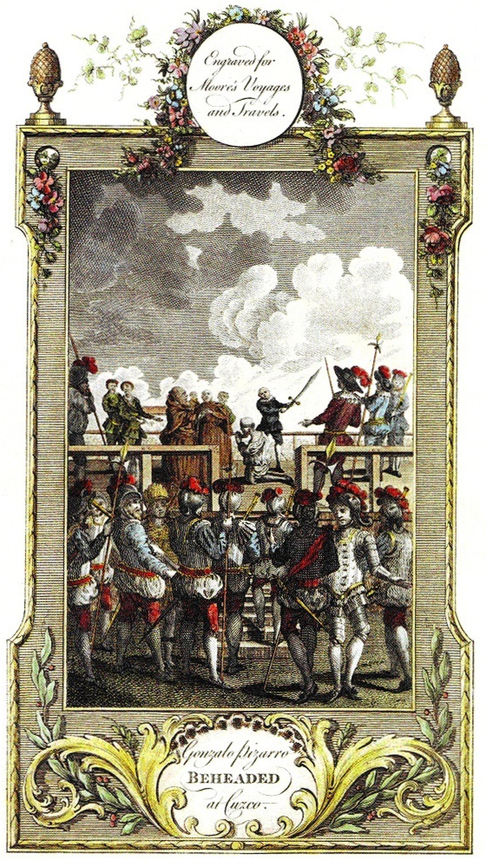 Grabado del siglo XVIII de la decapitación de Gonzalo Pizarro.