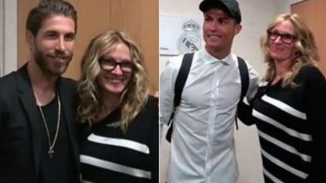 La actriz, con Sergio Ramos (izda.) y Cristiano Ronaldo (dcha.)