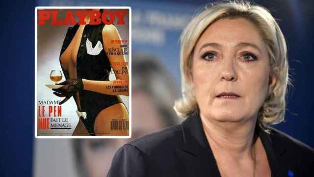Marine Le Pen y la portada del Playboy en el que posa su madre.