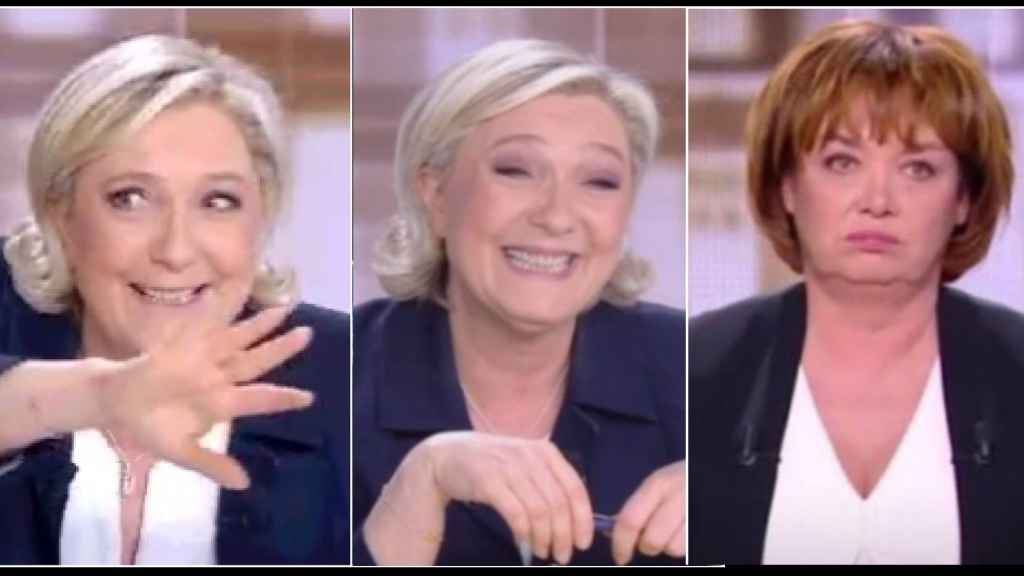 Las caras de Le Pen y la reacción de la moderadora.