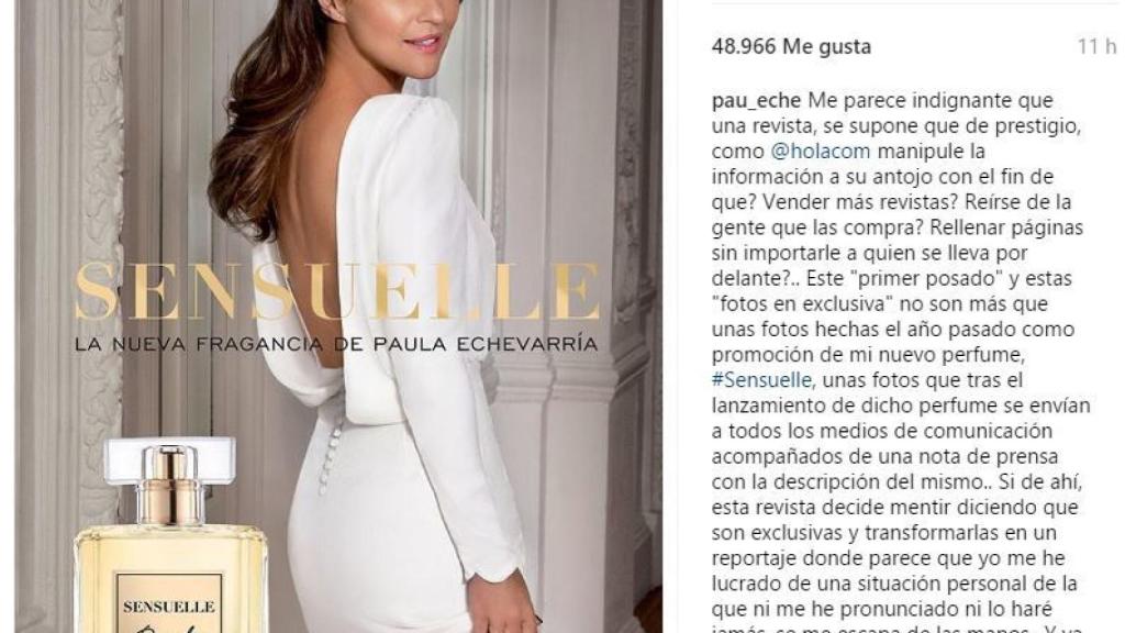 Captura de la publicación en redes de Paula Echevarría.